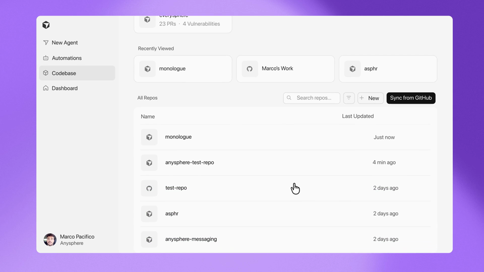 Cursor Origin launch demo showing the Codebase repository view with options to create a repository or sync from GitHub