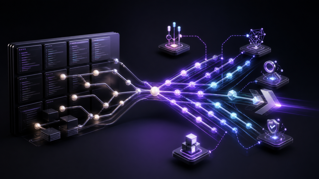 Abstract repository graph branching from conventional code windows into parallel AI-agent review, checks, merge and deployment workflows