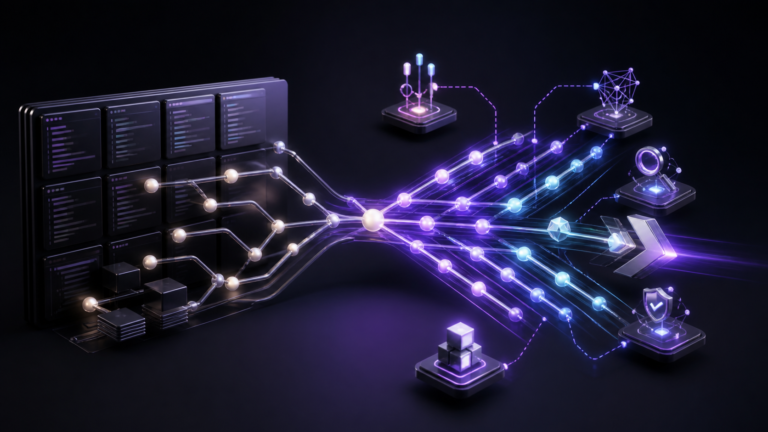Abstract repository graph branching from conventional code windows into parallel AI-agent review, checks, merge and deployment workflows