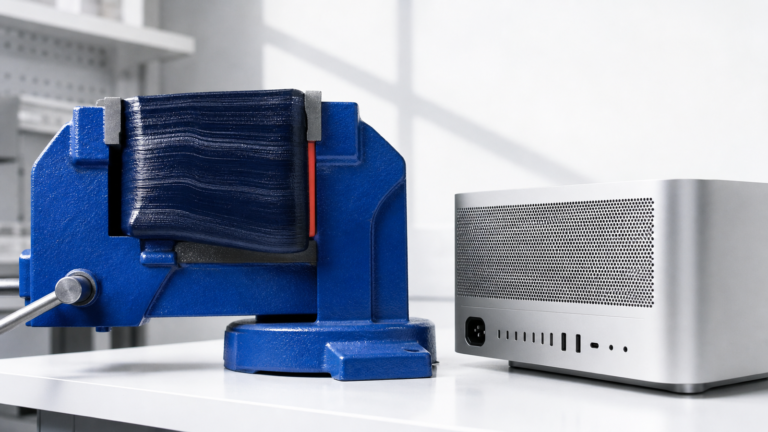 Blue precision vise compressing a dense model beside a silver desktop workstation, illustrating the 96.8GB memory boundary