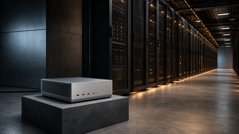 Compact AI workstation beside a full data-center rack corridor, illustrating local versus rack-scale model deployment