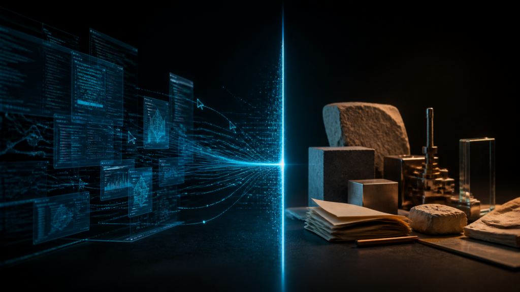 A glowing digital workspace stops at a boundary beside physical materials, illustrating AI’s bits-versus-atoms limit