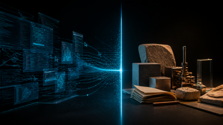 A glowing digital workspace stops at a boundary beside physical materials, illustrating AI’s bits-versus-atoms limit