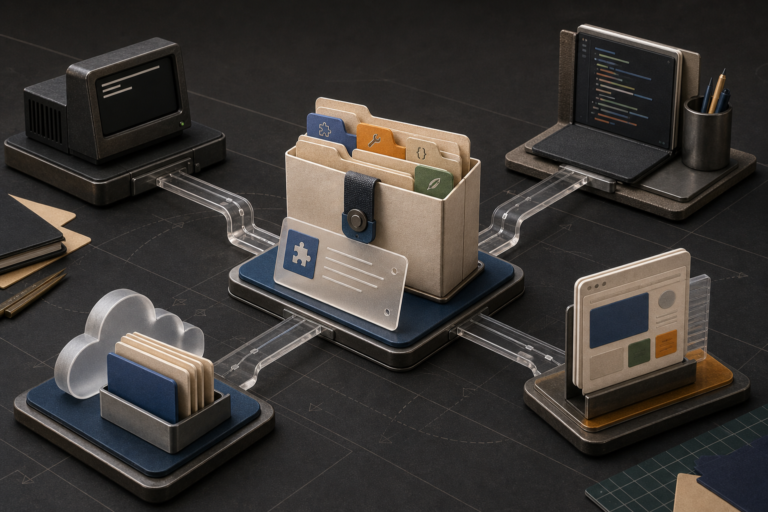 Editorial illustration of a portable agent plugin package branching to terminal, code editor, cloud repository, and web workspace