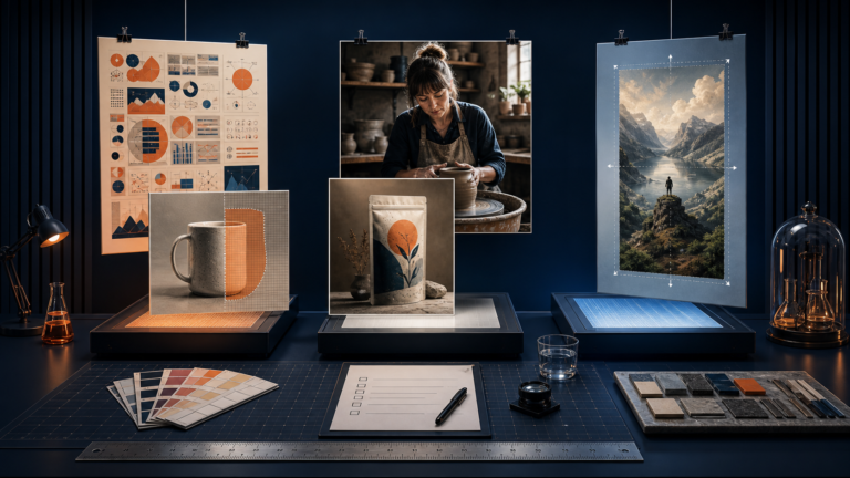 Conceptual AI image evaluation lab with three illuminated test bays and orange-blue data panels
