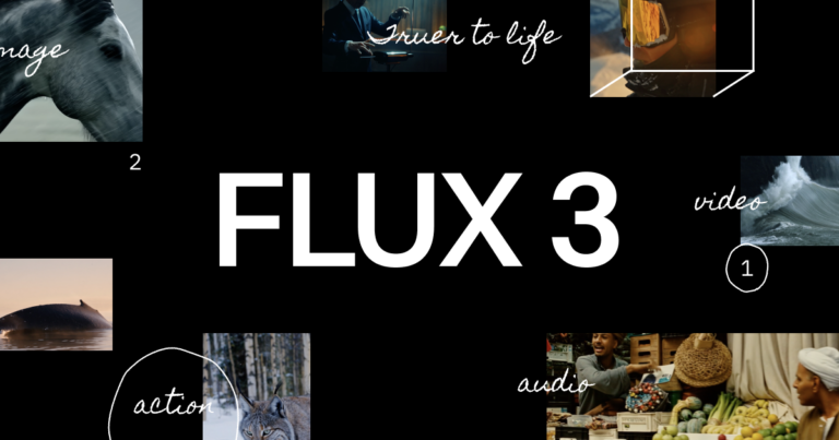 Official FLUX 3 artwork combining video, audio, and action imagery