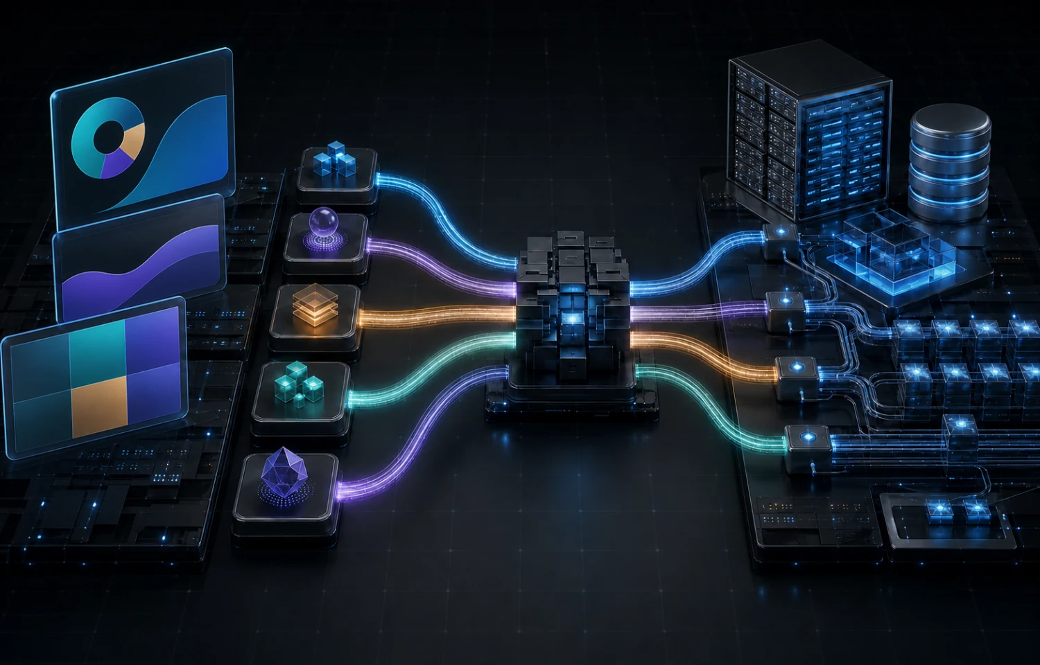 Five data paths connect simple reporting surfaces to modular pipelines and data warehouses.