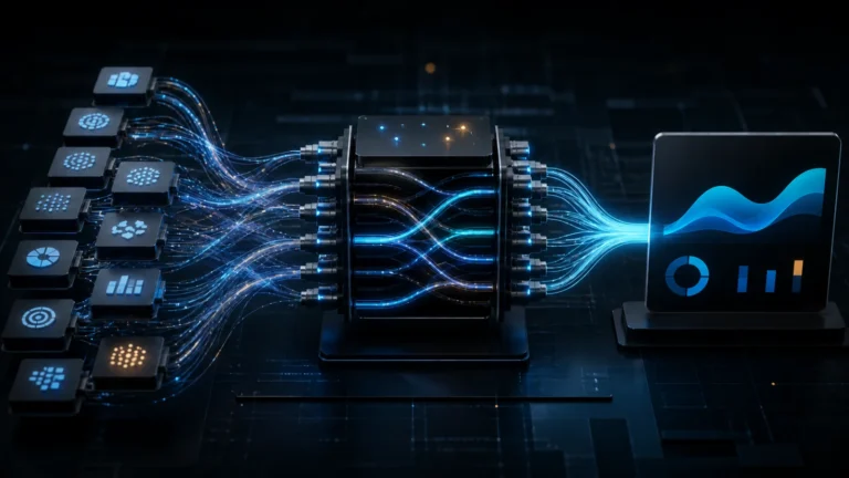 Marketing data from multiple sources converges through a central routing layer into an analytics display.