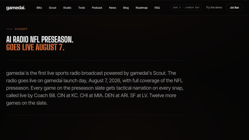 Official gamedai launch page announcing live AI radio for the NFL preseason on August 7