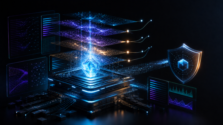 Abstract illustration of layered post-training environments refining a central AI coding model with a cybersecurity shield