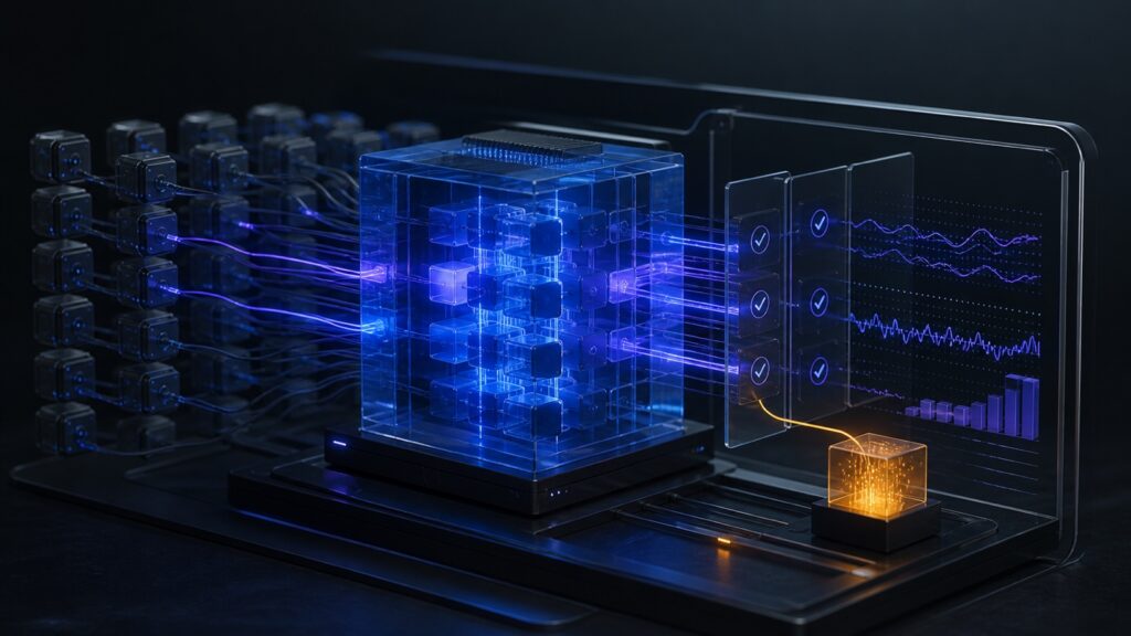 Abstract GLM‑5.3‑Flash model test rig with blue expert blocks and benchmark panels