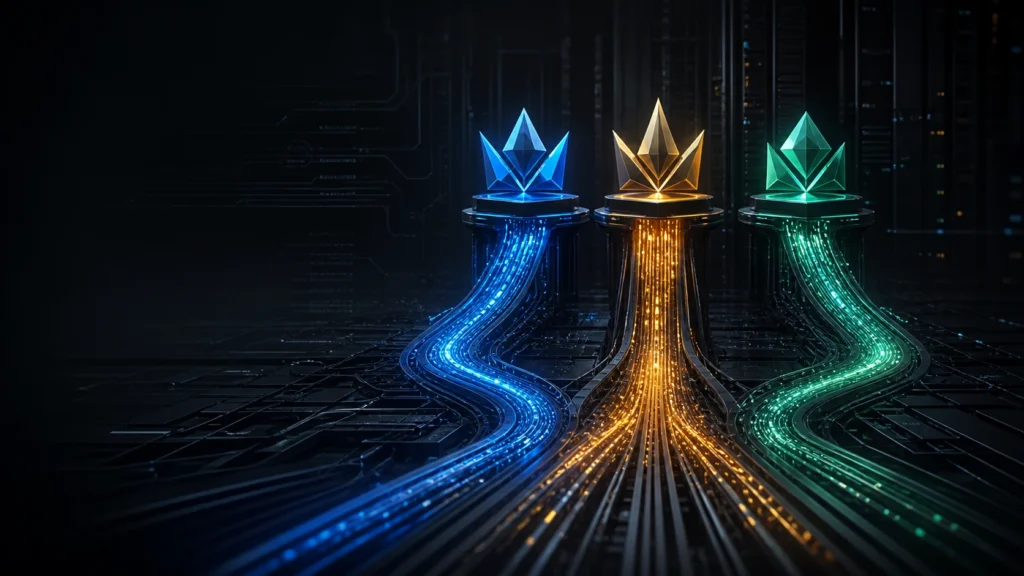 Three luminous coding-model paths ending in separate blue, amber and green crowns, representing performance, endpoint access and downloadable weights