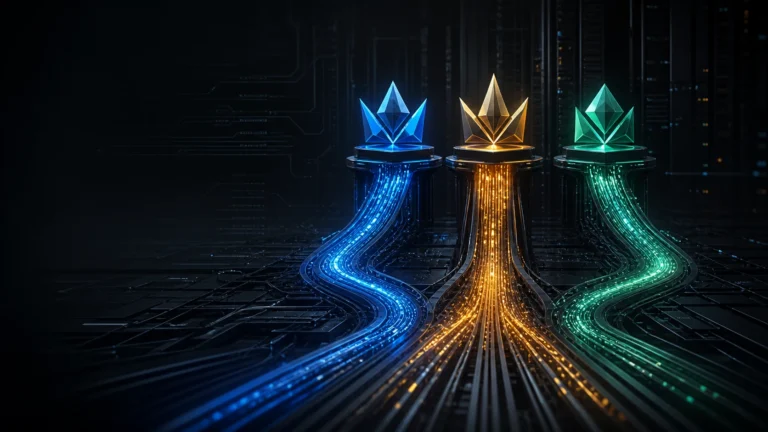 Three luminous coding-model paths ending in separate blue, amber and green crowns, representing performance, endpoint access and downloadable weights