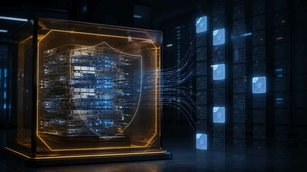 A luminous AI model core behind amber safety glass beside a defensive security ledger with a small set of findings illuminated