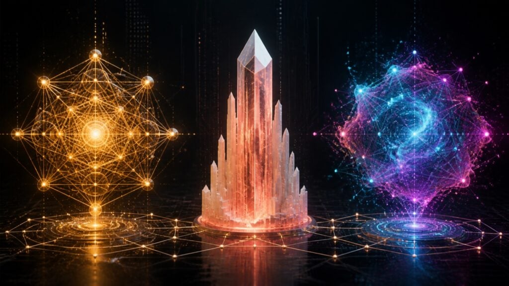 Abstract comparison of three frontier AI systems in gold, coral, and blue-magenta