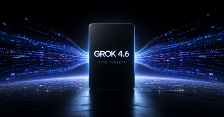 Grok 4.6 editorial launch image with flowing blue data streams and 500K context label.