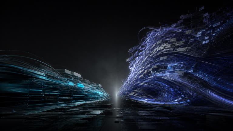 Abstract cyan and indigo AI systems facing each other in a high-stakes model comparison.