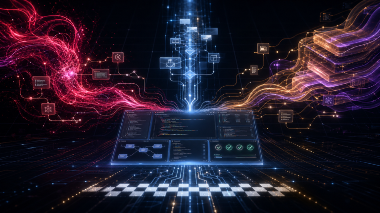 Three abstract AI coding agents converging on a verified software workflow with terminals, tool calls and test checks.