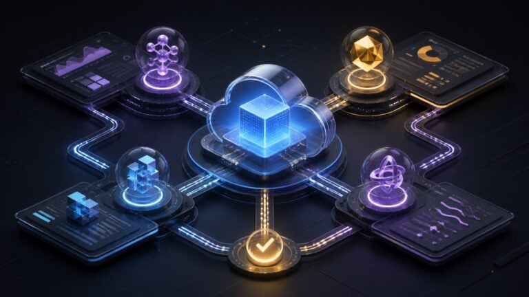 Editorial illustration of collaborating AI agents connected through a shared cloud computer