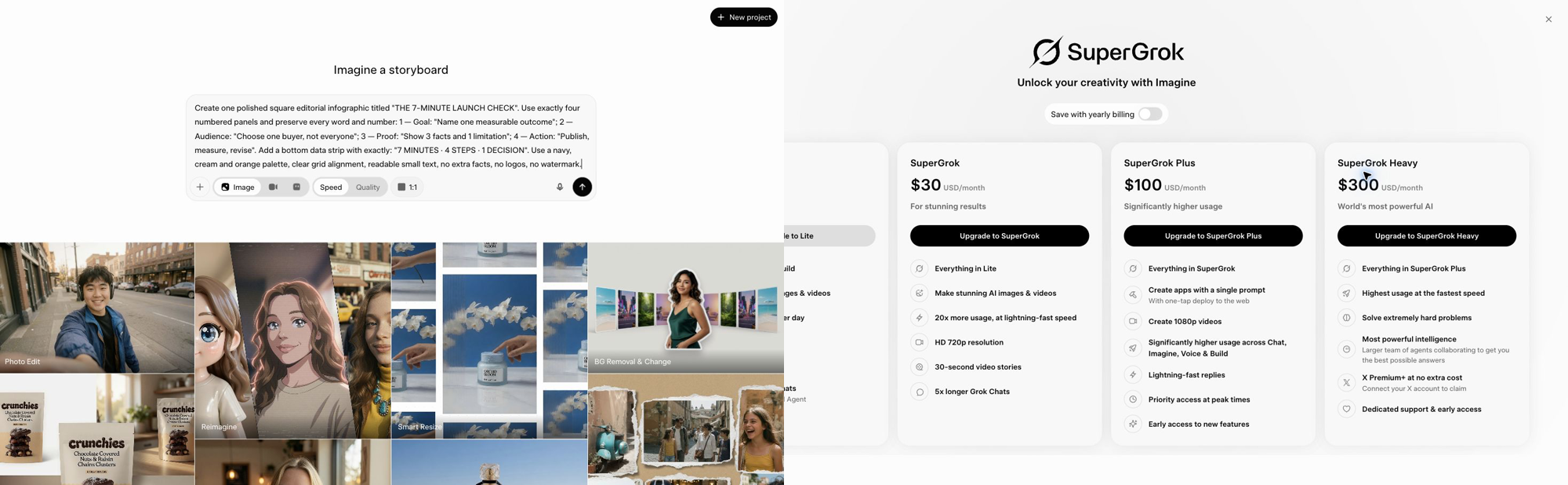 Grok Free Speed-mode setup beside the paid upgrade dialog returned by the first image submission