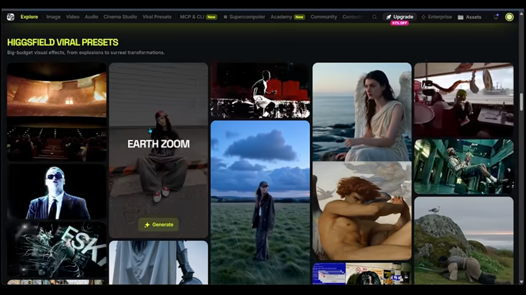 Higgsfield Viral Presets interface showing example visual-effects presets.