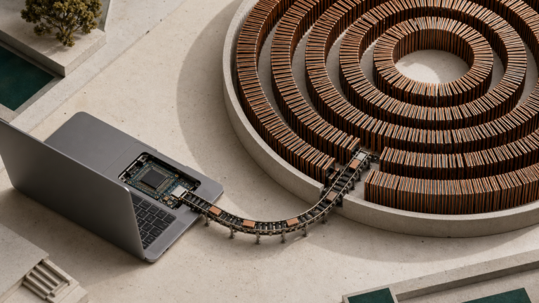 A narrow conveyor feeds storage tiles from a vast spiral archive into an Apple Silicon laptop, illustrating Kimi K3 SSD-streamed inference.