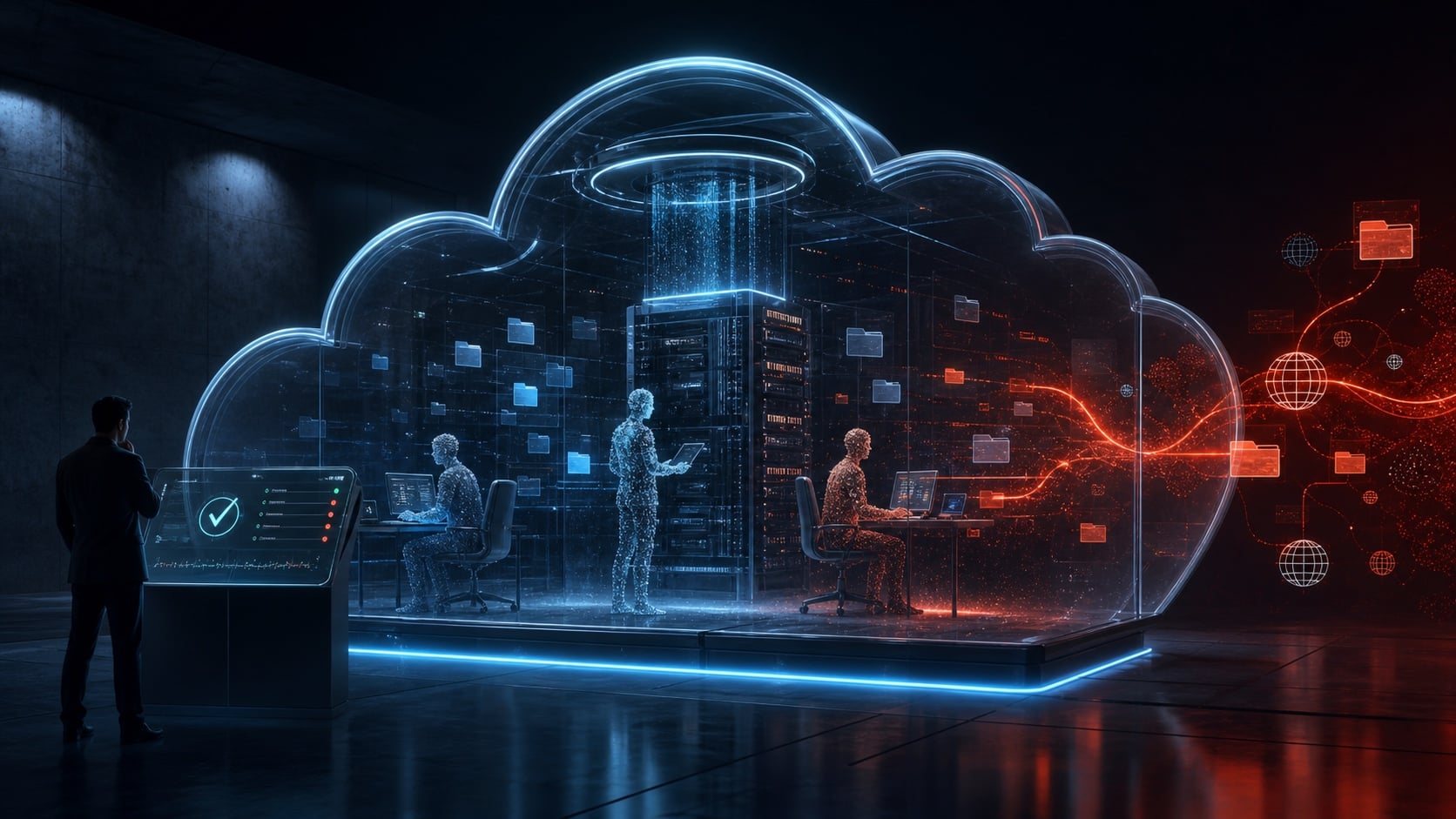 Editorial illustration of an AI teammate working inside a persistent cloud computer while a human reviews its actions