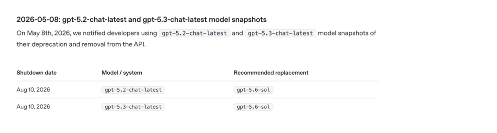 OpenAI deprecation table showing the August 10, 2026 shutdown for GPT-5.2 Chat Latest and GPT-5.3 Chat Latest