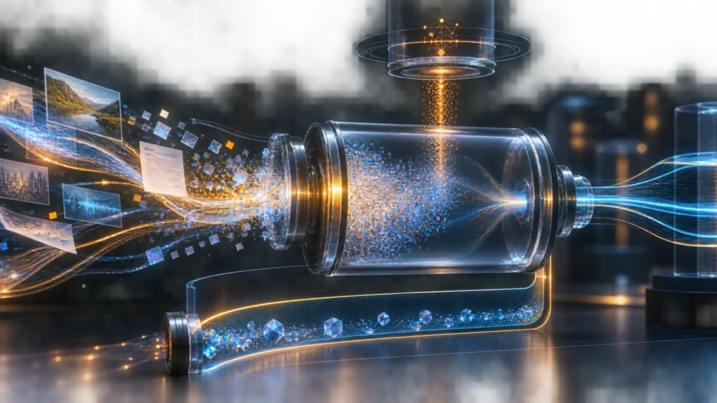 A transparent AI processing chamber dissolves incoming data while a small amber safety signal exits to a separate monitoring layer