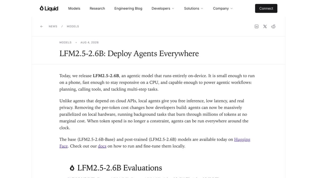Liquid AI launch page for LFM2.5-2.6B, an on-device agentic model