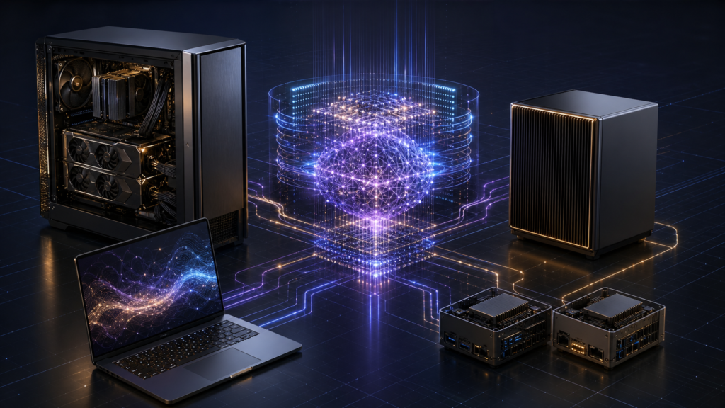 Local AI workstation, high-memory desktop, laptop, and compact cluster surrounding a neural model core