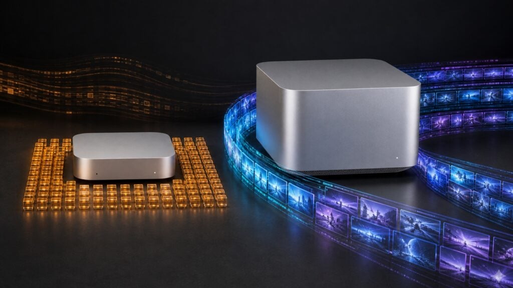 Editorial visualization of a compact 64GB desktop holding a large local model beside a taller workstation built for faster AI video generation.