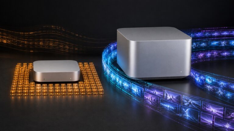 Editorial visualization of a compact 64GB desktop holding a large local model beside a taller workstation built for faster AI video generation.