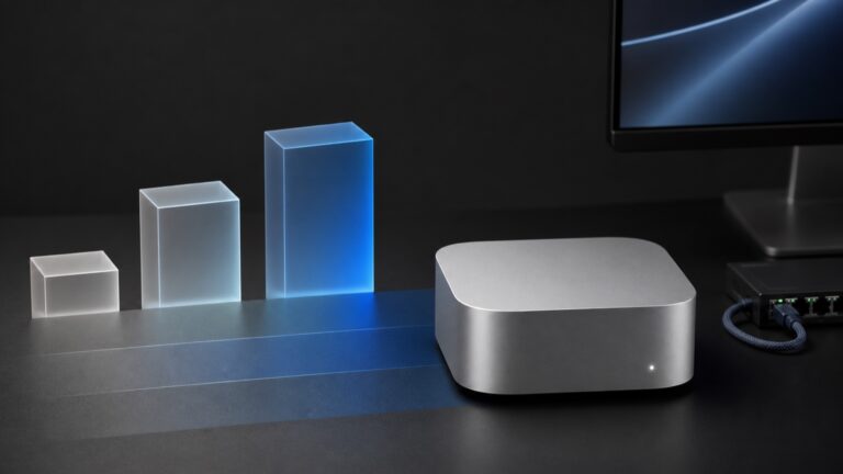 Editorial illustration of an M6 Mac mini as a local AI node beside three rising memory-capacity blocks.
