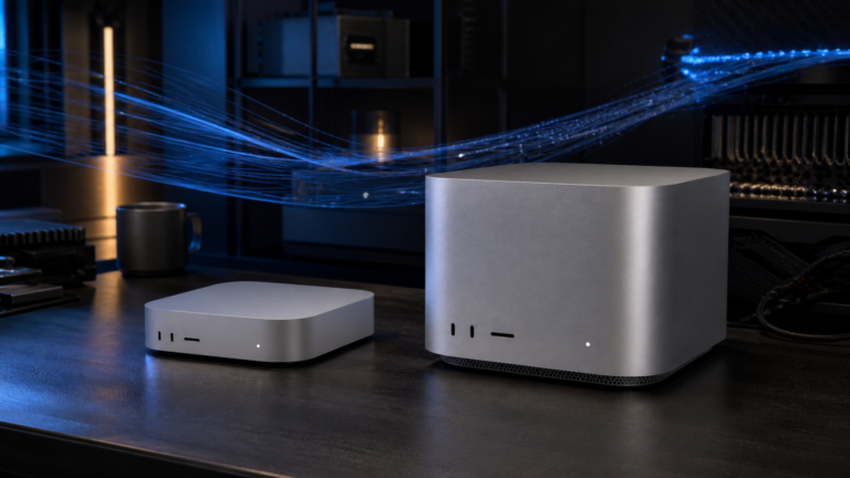 Compact silver desktop and larger workstation compared for local AI workloads
