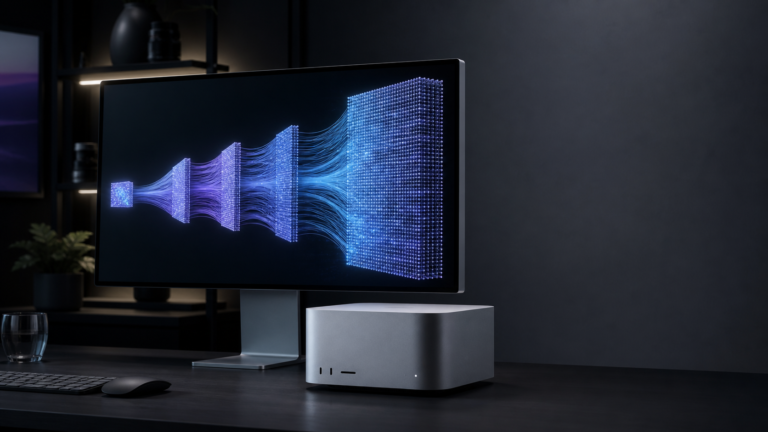 Compact silver Mac Studio beside a display visualizing expanding local AI model layers