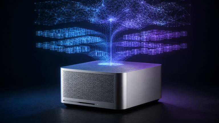 Compact silver desktop workstation feeding a glowing unified-memory neural network for local AI
