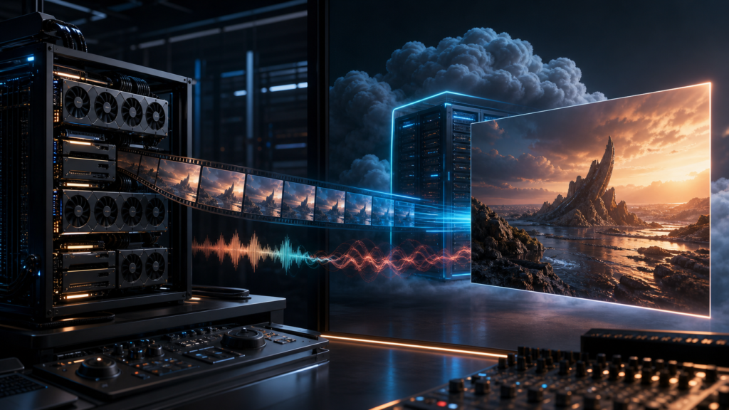 A multi-GPU workstation generates film frames and stereo audio before a remote cloud stage refines the final video.