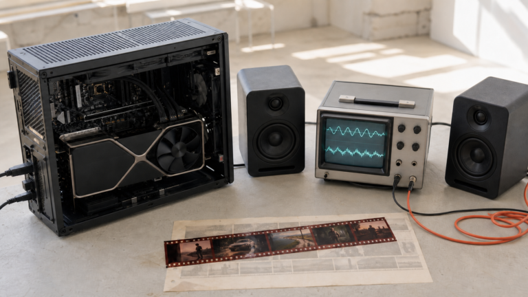 Open GPU workstation beside stereo speakers, an oscilloscope displaying two audio waveforms, and a film strip in a bright studio