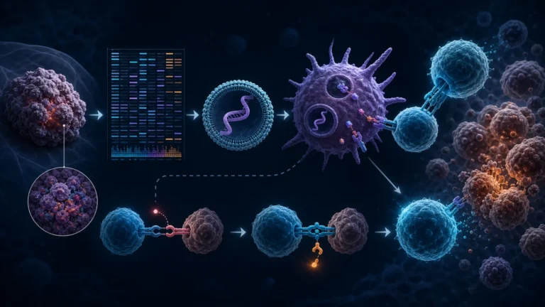 Scientific illustration of a tumor sample being sequenced into a personalized mRNA therapy that helps T cells recognize residual melanoma cells