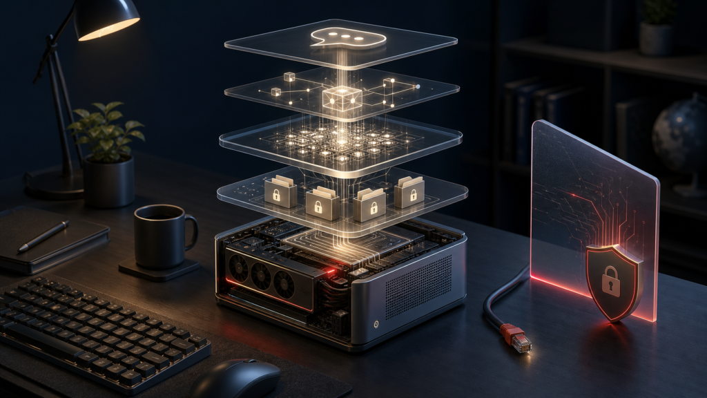 Layered private AI agent stack running on a local workstation behind a loopback security boundary