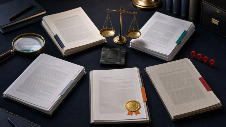 Five open-weight AI licence dossiers compared beside an accelerator chip and legal scales