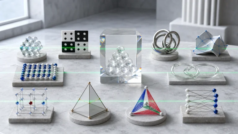 Ten physical mathematical models arranged around a glass proof prism, crossed by a green verification beam.