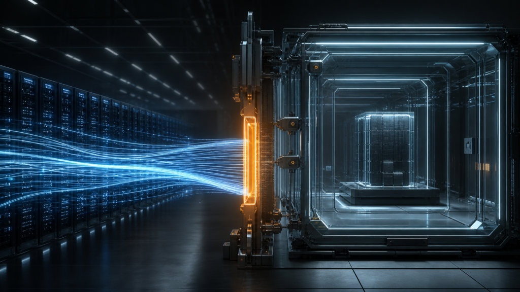 Blue data streams from AI compute racks stop at an amber inspection boundary before entering an isolated glass chamber