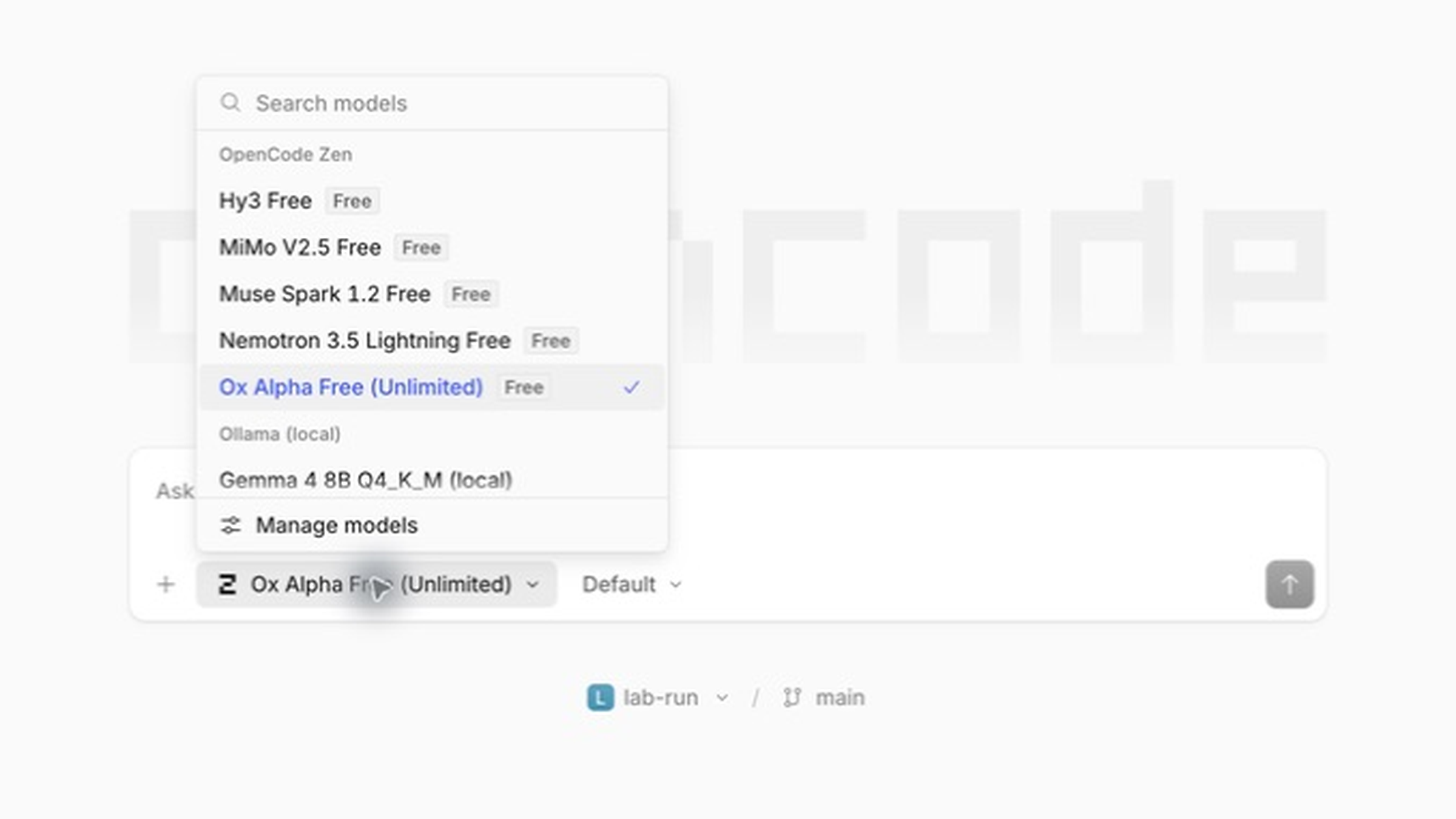 OpenCode desktop model picker showing local and cloud choices