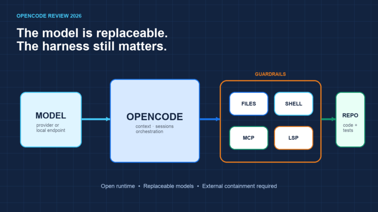 Exploded diagram showing a replaceable model cartridge connected to the OpenCode harness, tool layer, guardrails and a code repository