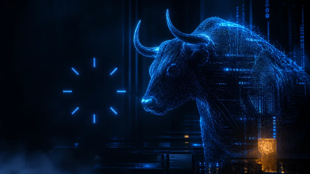 A luminous blue digital ox emerging from a dark server lab beside a seven-mark countdown motif