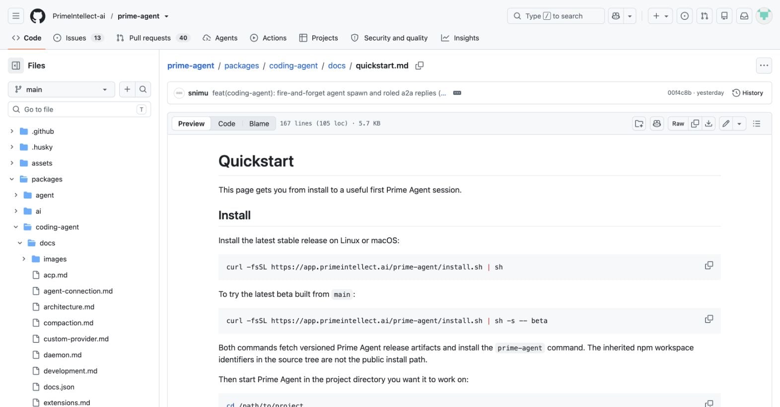 Prime Agent official Quickstart page showing the stable install command and first-session instructions