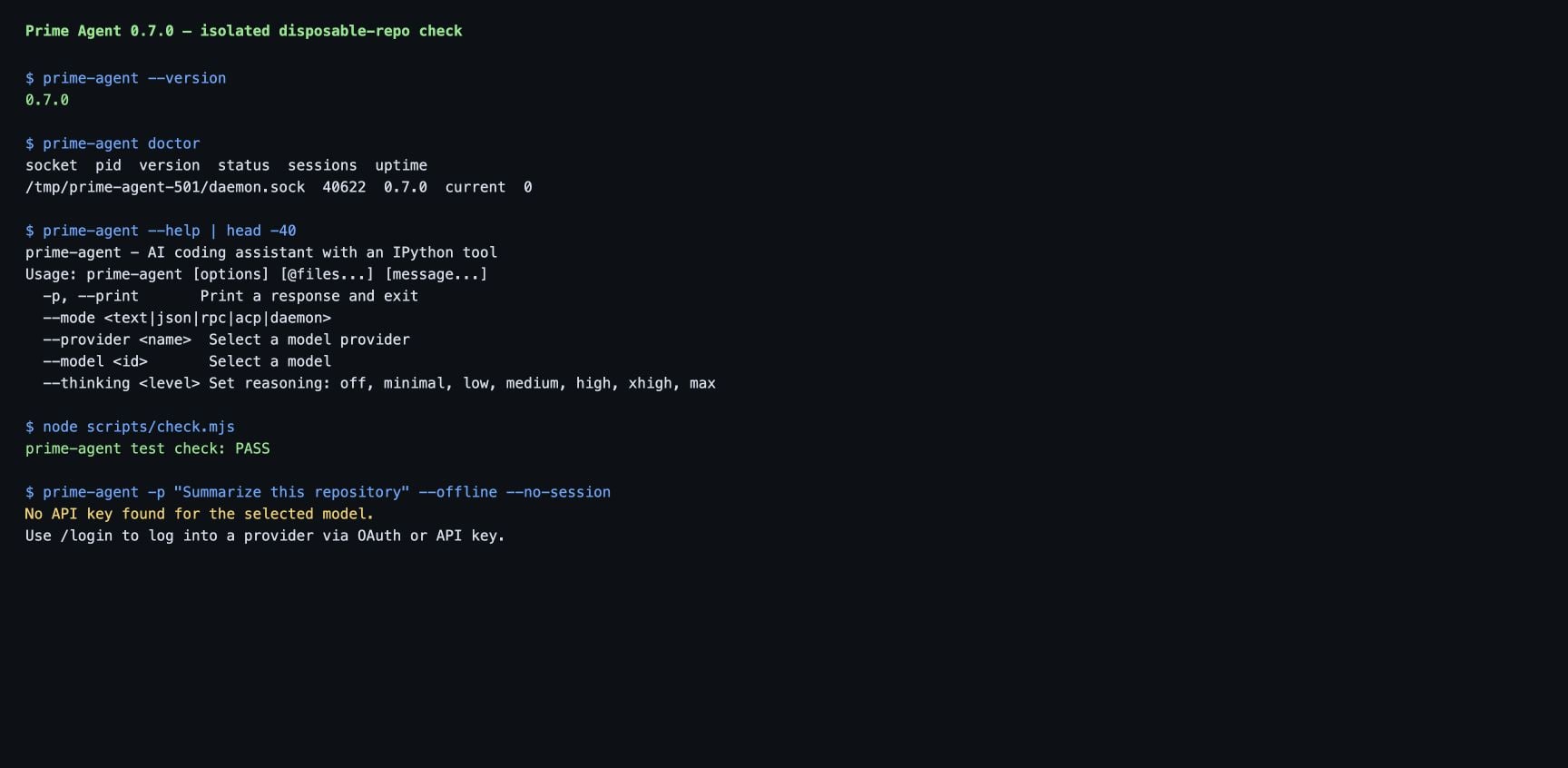Terminal evidence showing Prime Agent 0.7.0, a passing doctor check, and an authentication-required one-shot run