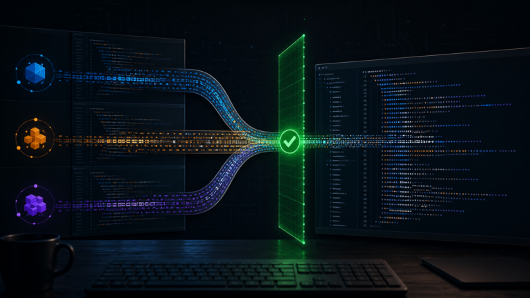 Editorial illustration of recursive coding agents converging through a green Git checkpoint into a codebase